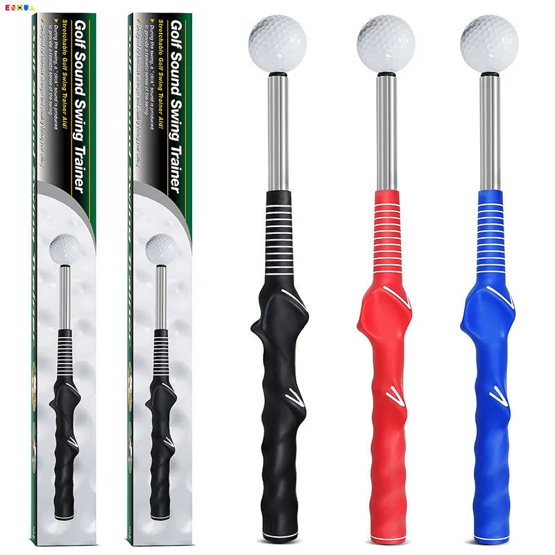 Telescopic golf swing training aid in stainless steel available in three colours