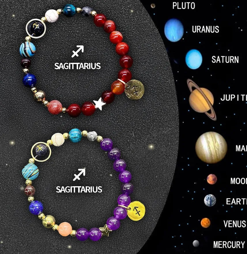 Set of two natural stone beaded bracelets on a wrist, each with different beads representing zodiac signs.