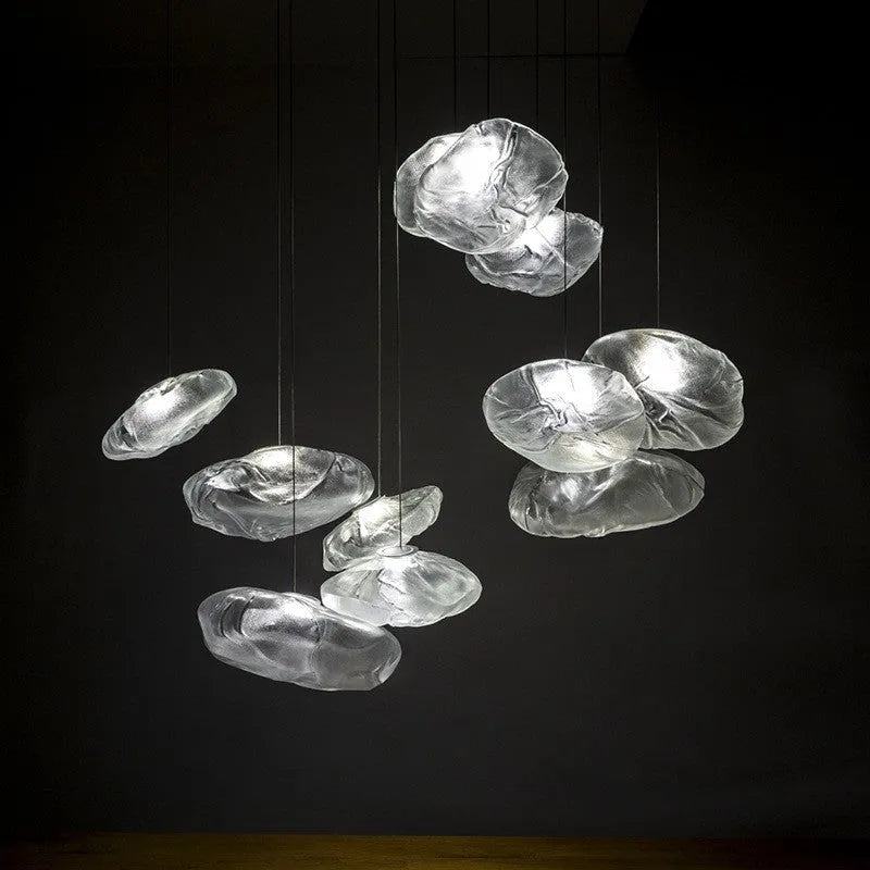 Postmodern light luxury glass chandelier in clear, amber, or smoke grey, showing 200mm and 300mm size options.