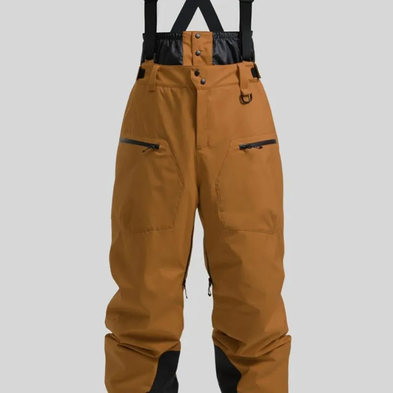 Men's black waterproof ski trousers with adjustable waist strap laid flat