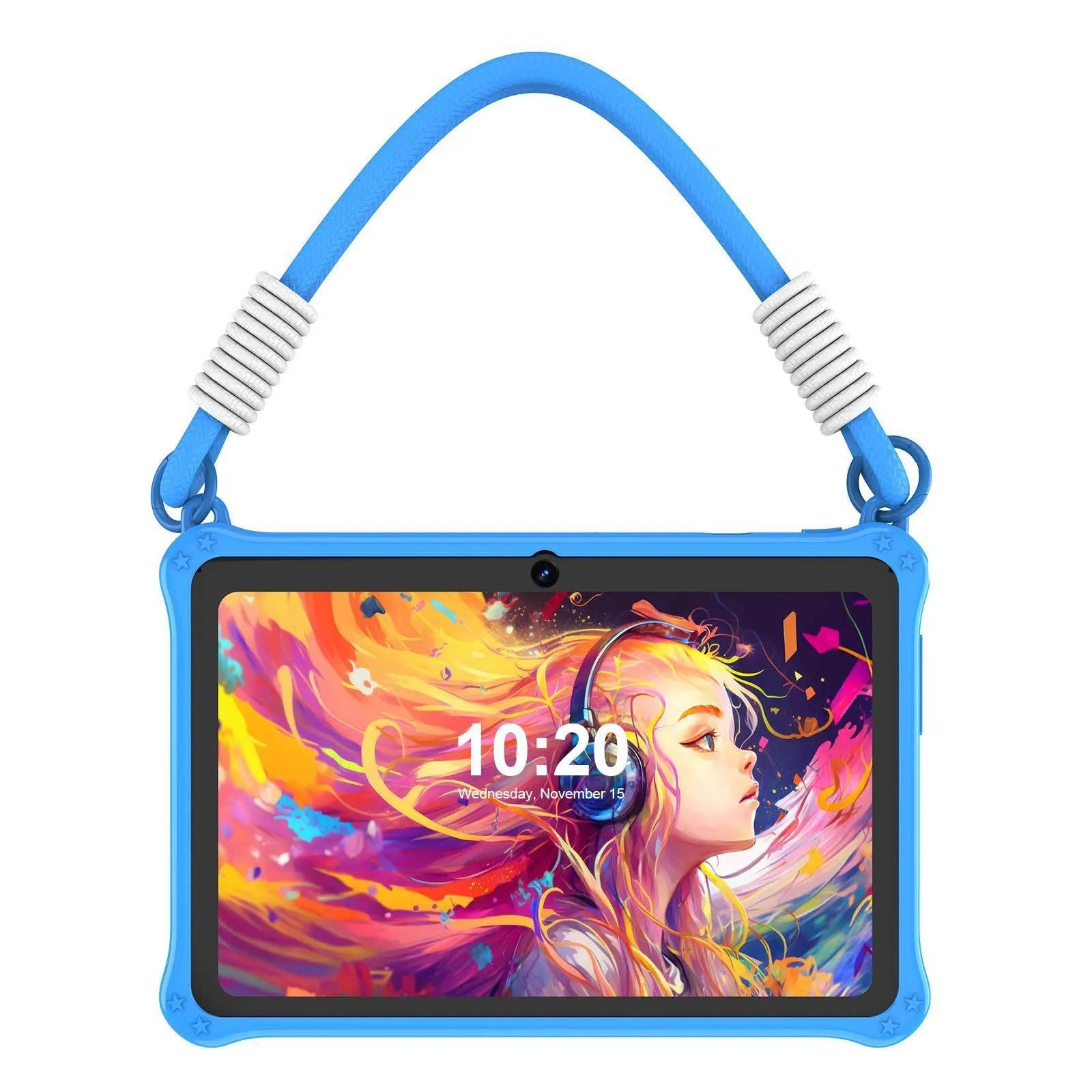 7-inch children's tablet in sapphire blue or dark pink silicone protective case with flat strap and GPS support