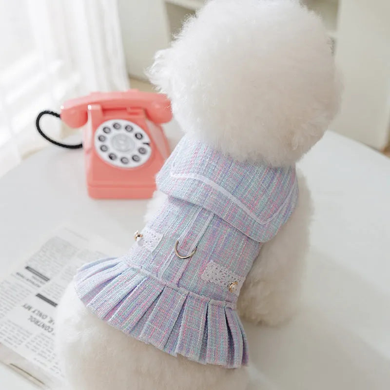 Purple and pink lightweight polyester pet clothes for small dogs and cats in sizes S, M, L, and XL.