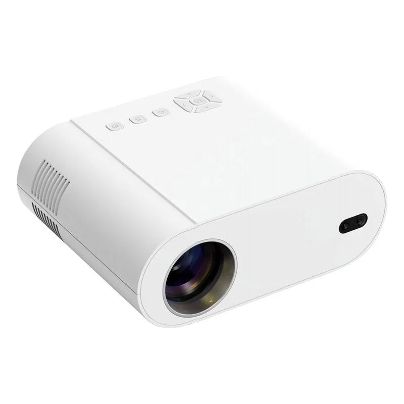 White T07 Full HD smart projector with remote control on table