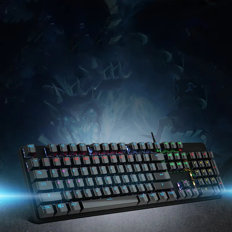 AOC GK410 green axis mechanical keyboard with 104 keys, metal construction, and USB cable