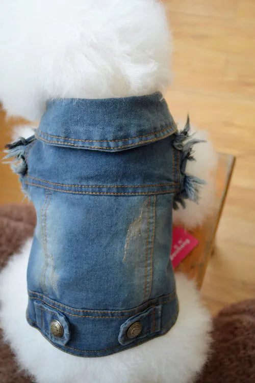Denim dog vest with retro scratch pattern for small breed pet in dark wash colour