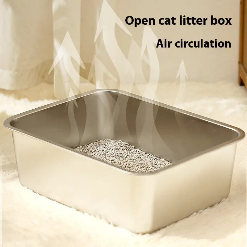 Large anti-wear stainless steel cat litter box, 60x40x20 cm, with smooth metal finish