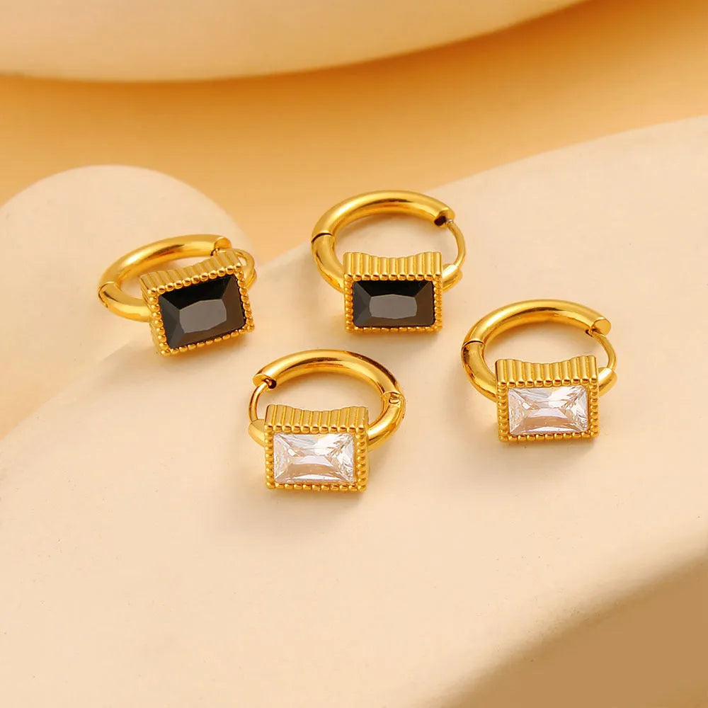 Square zircon stainless steel earrings in geometric design available in white, black, or green colours