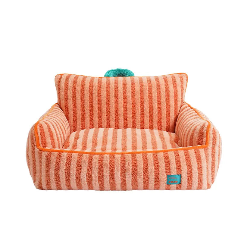 Striped plush velvet pet bed with removable cover for dogs in orange colour