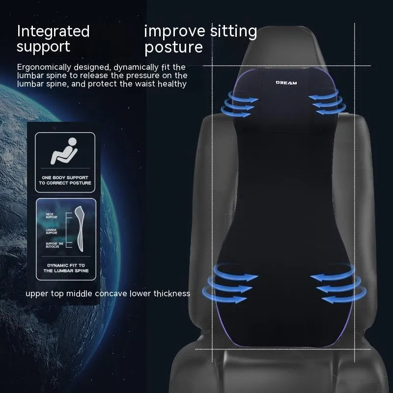 Black automotive memory foam headrest and lumbar cushion combined in one piece on a car seat.