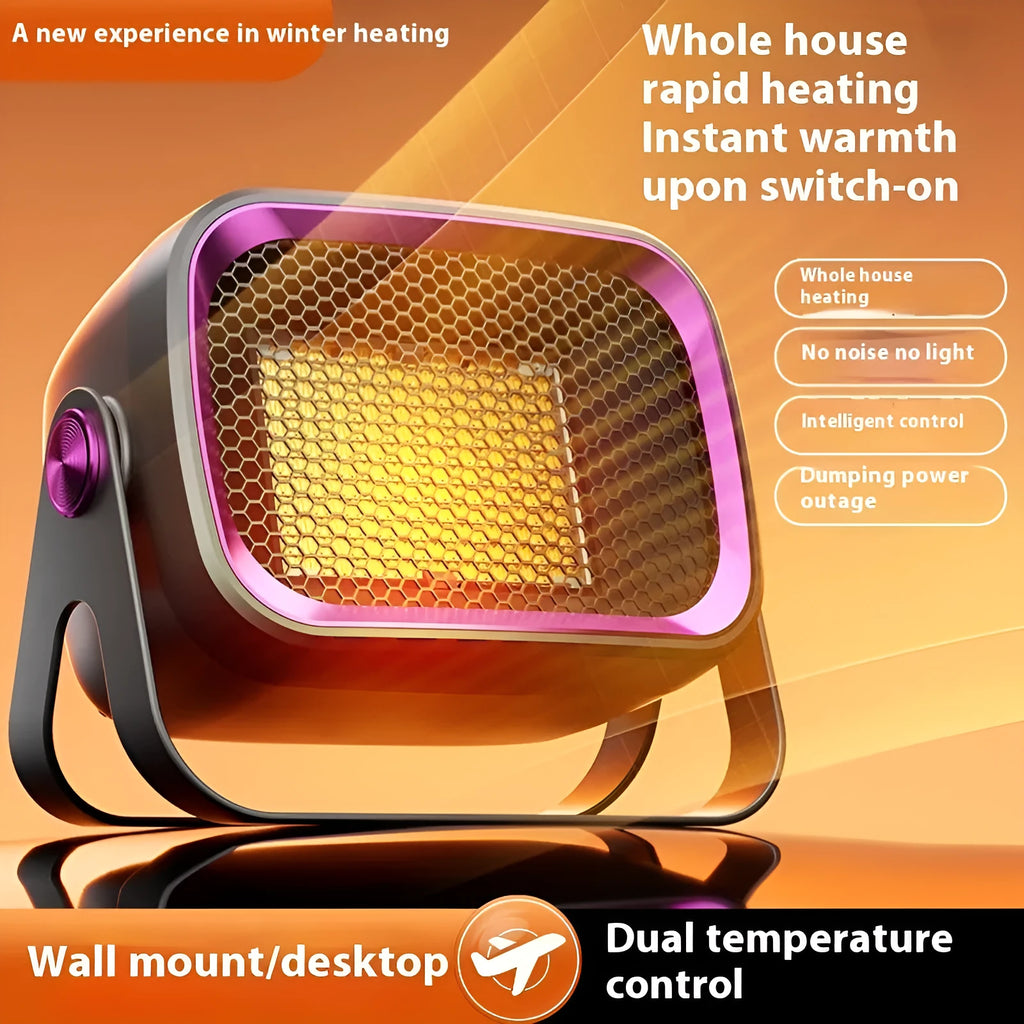 White PTC ceramic desktop electric heater on a table showing front grille and control buttons.