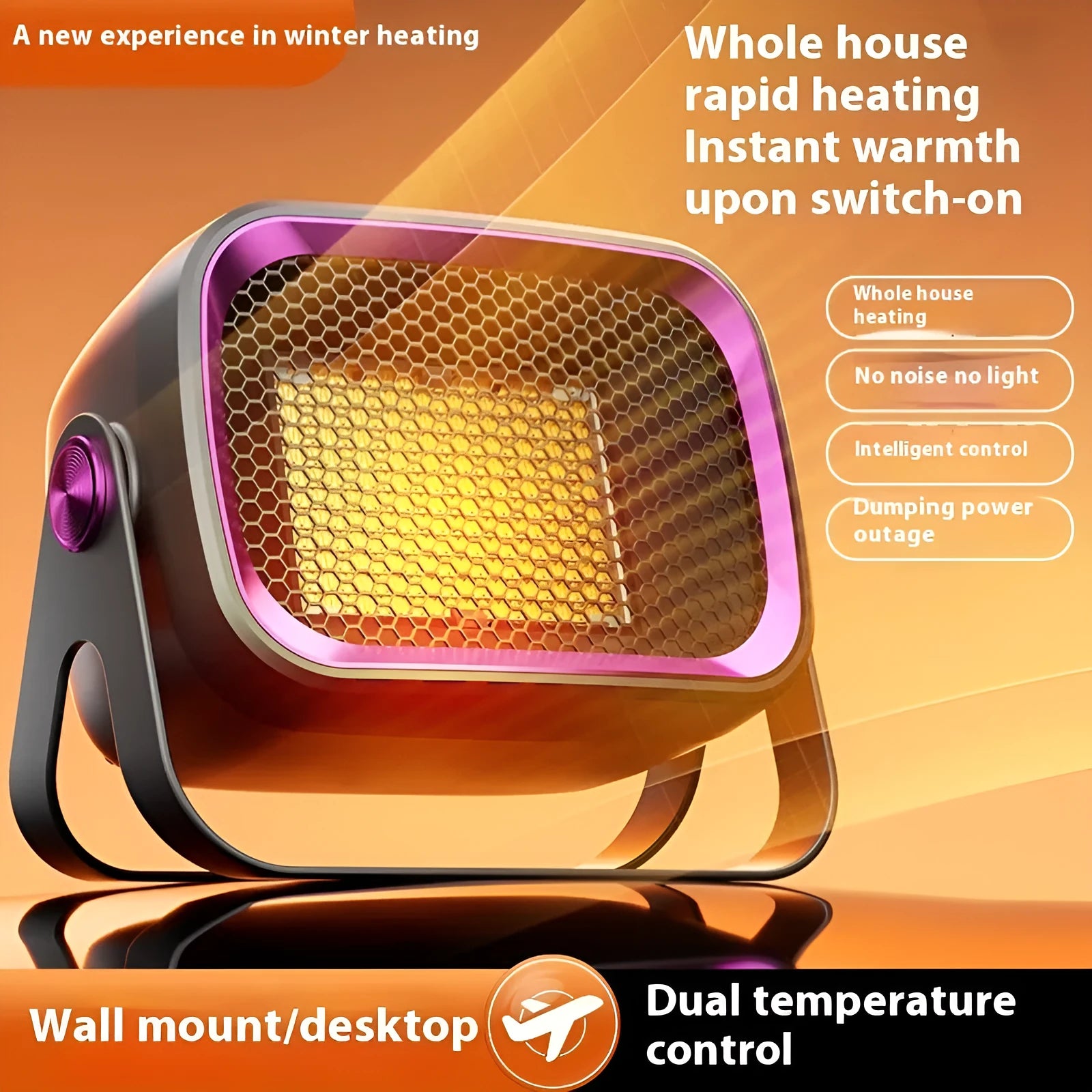 White PTC ceramic desktop electric heater on a table showing front grille and control buttons.
