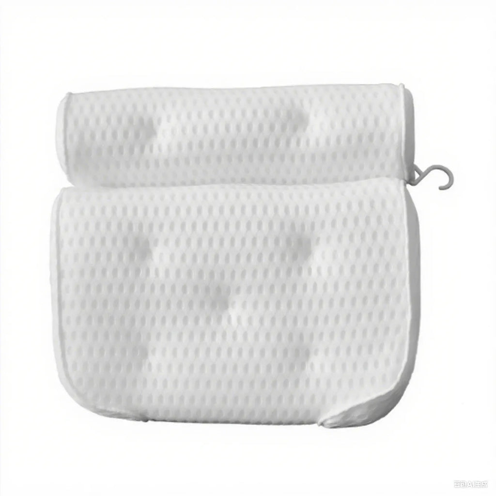 White 4d mesh bath pillow with 7 suction cups, measuring 37x34x10cm