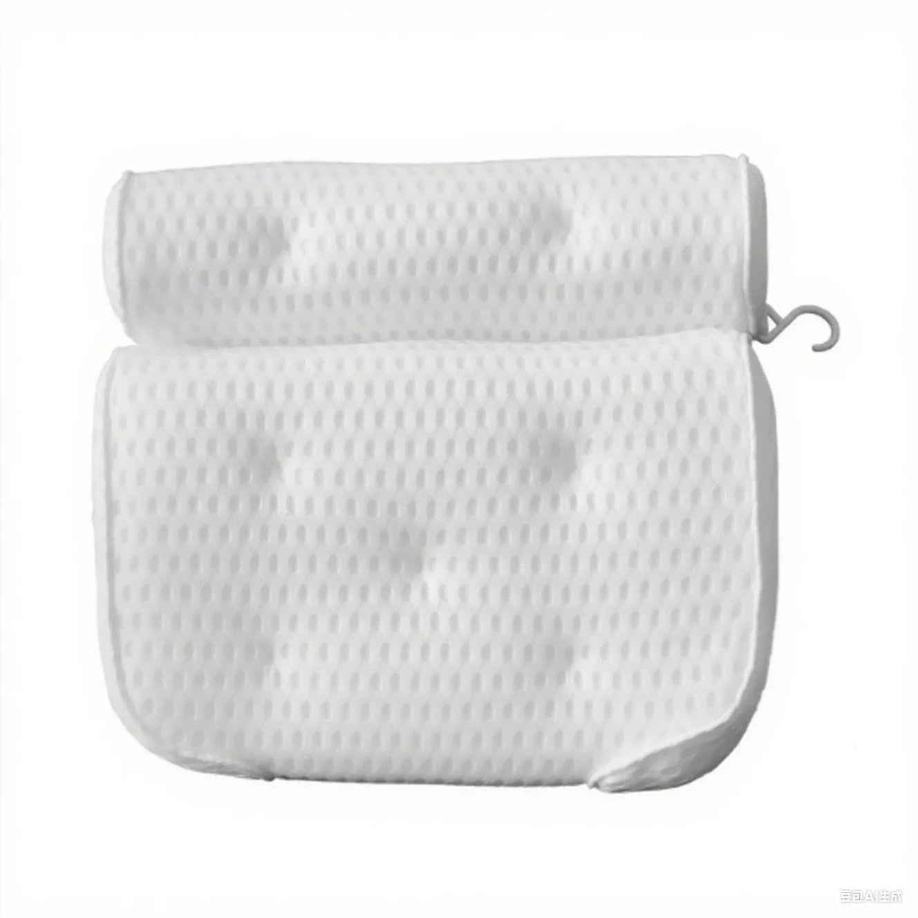 White 4d mesh bath pillow with 7 suction cups, measuring 37x34x10cm