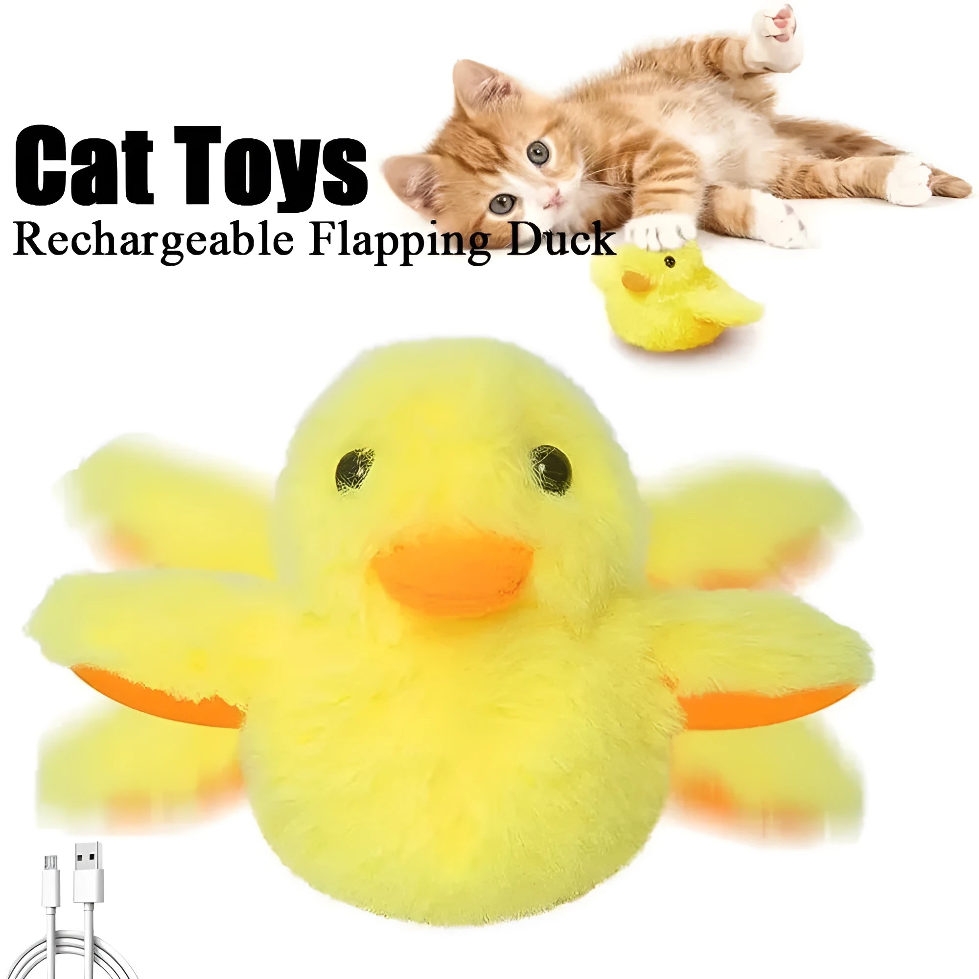 Yellow flapping duck cat toy with vibration sensor and USB-C charging port