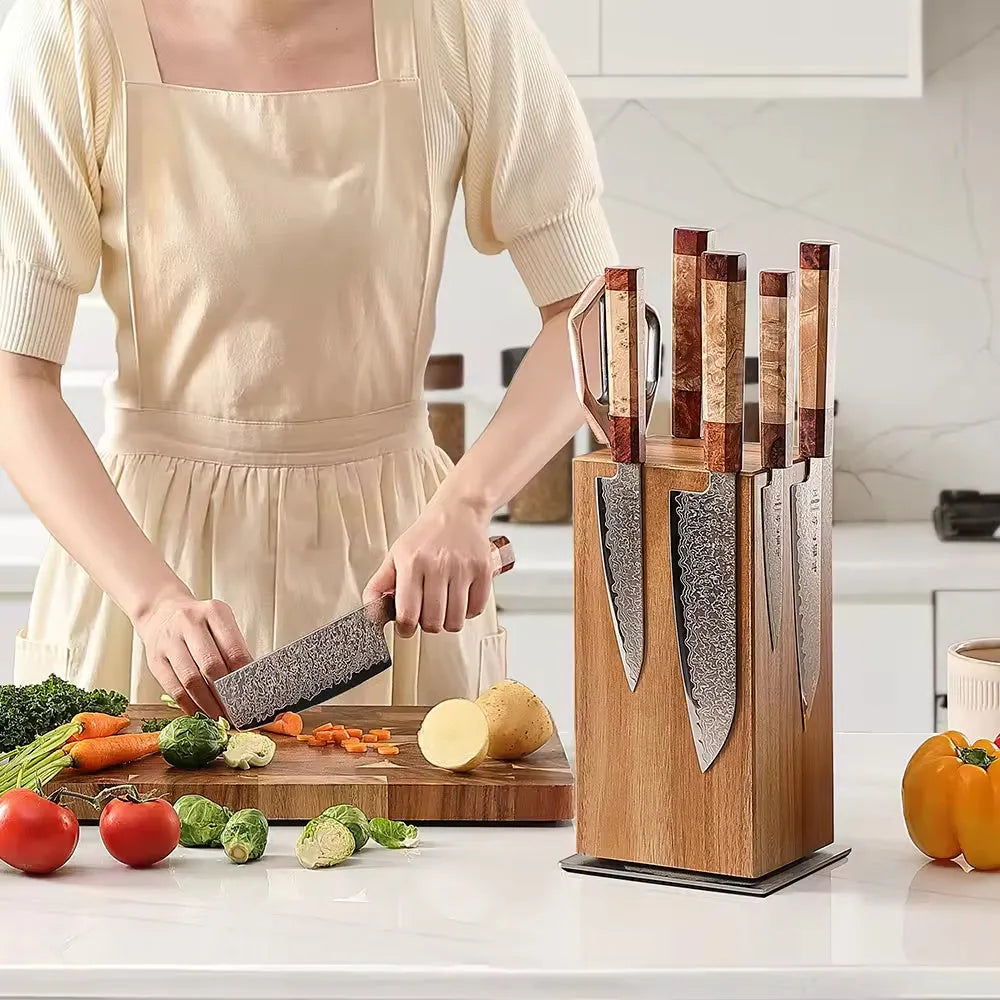 Xiangsi Wood Rotating Knife Holder in brown acacia wood with four strong magnetic sides on a kitchen countertop