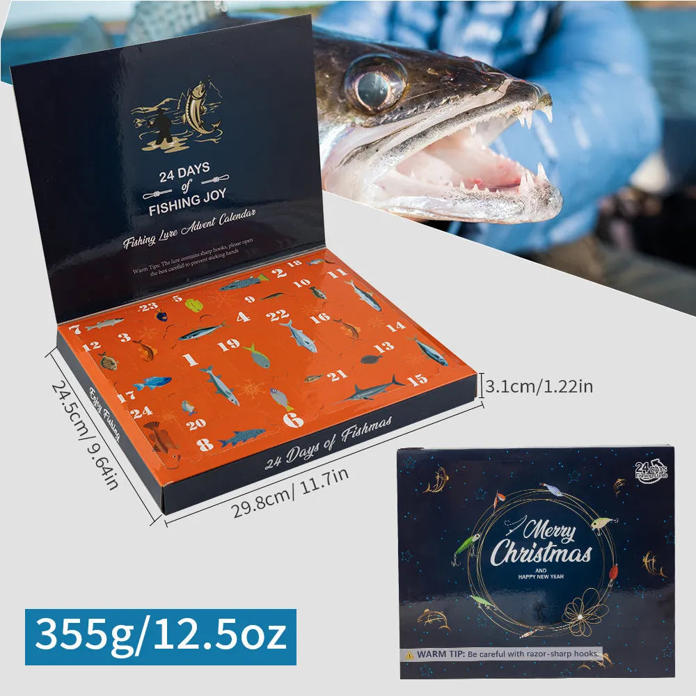 24 metal minnow lures in Christmas fishing set with varied colours and hooks