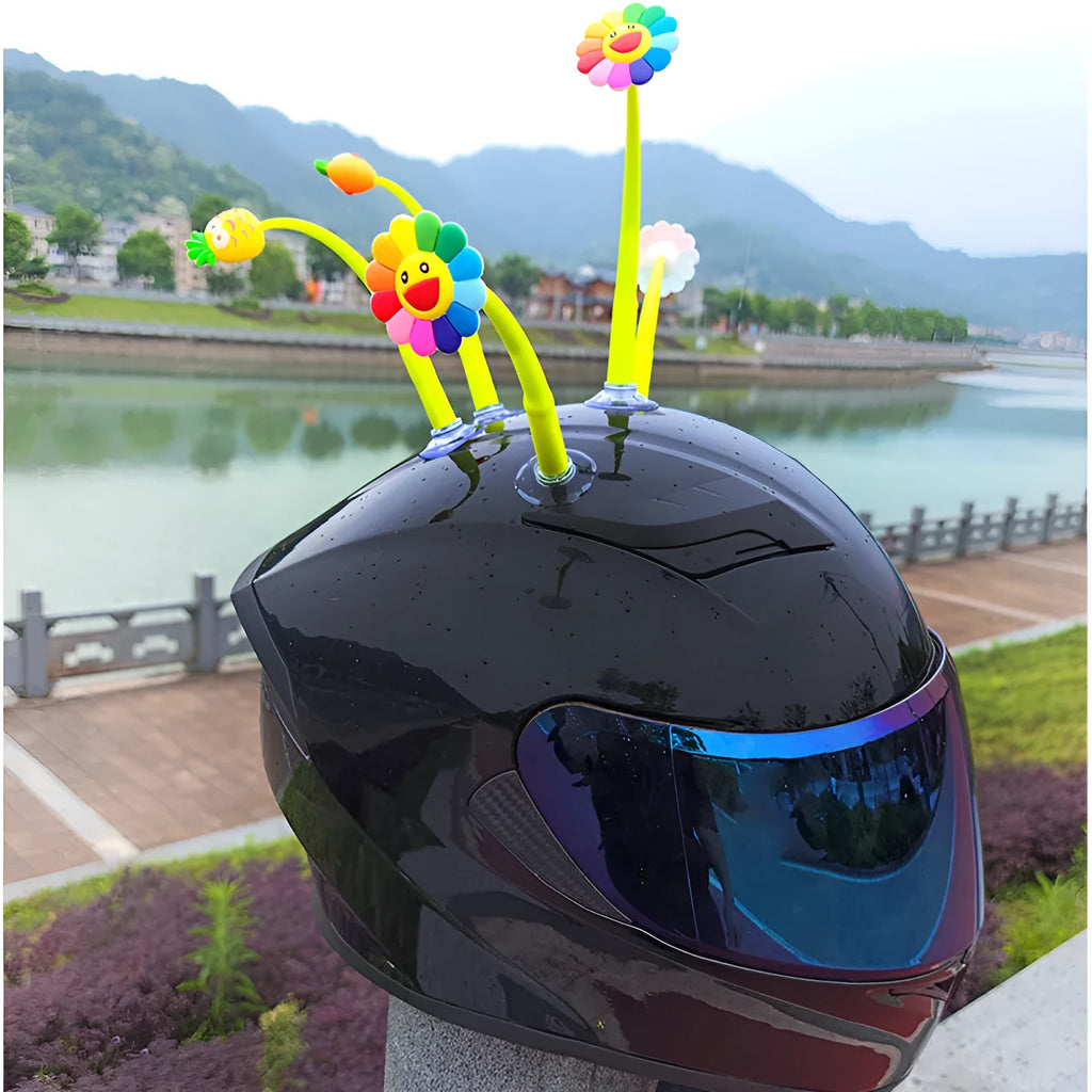 Silicone sunflower helmet decoration with suction cup and swinging stem on motorcycle helmet