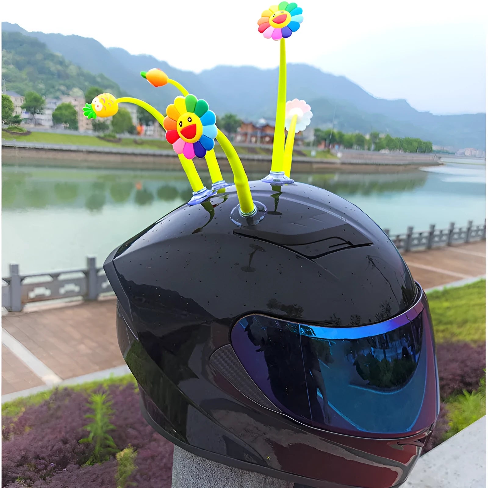 Silicone sunflower helmet decoration with suction cup and swinging stem on motorcycle helmet