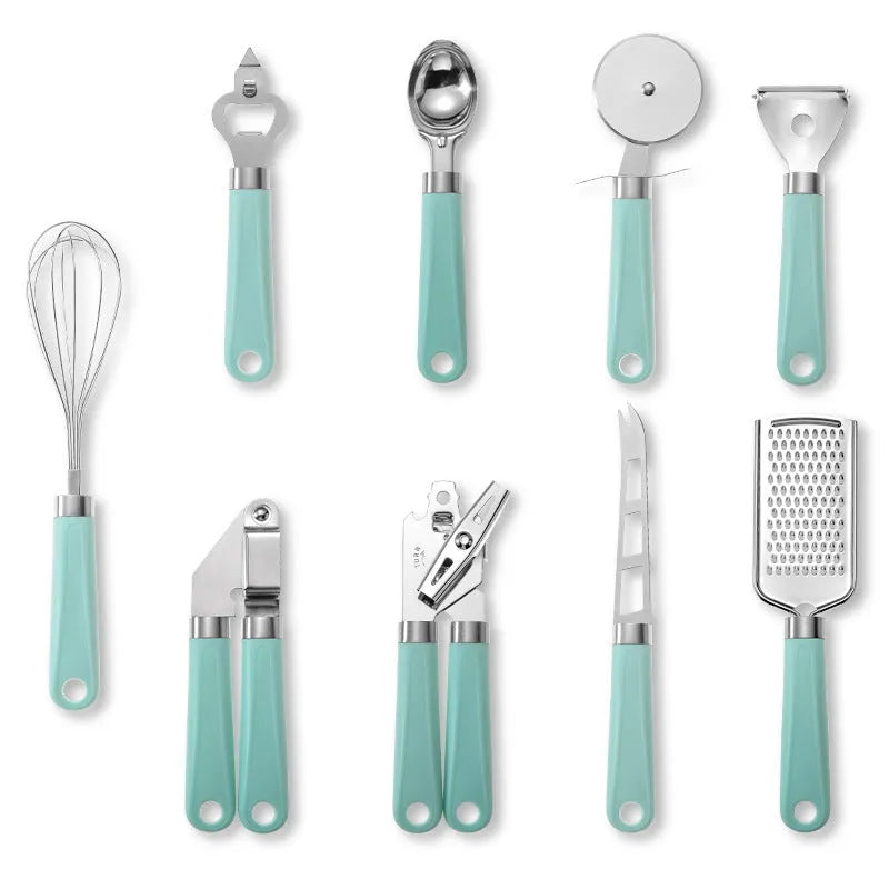 Set of nine stainless steel kitchen utensils with plastic handles in green, black, black and red, and black and green colour options on a light background