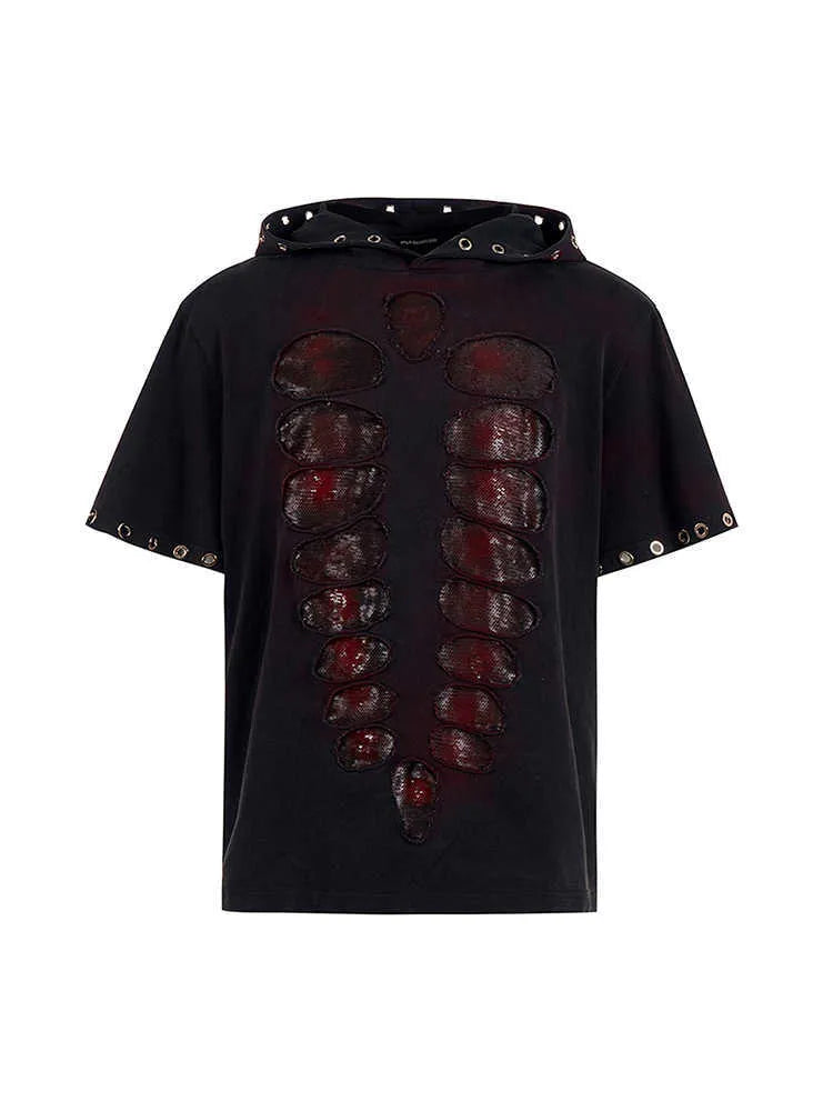 Black men's hooded t-shirt with sequin detailing and short sleeves in loose fit