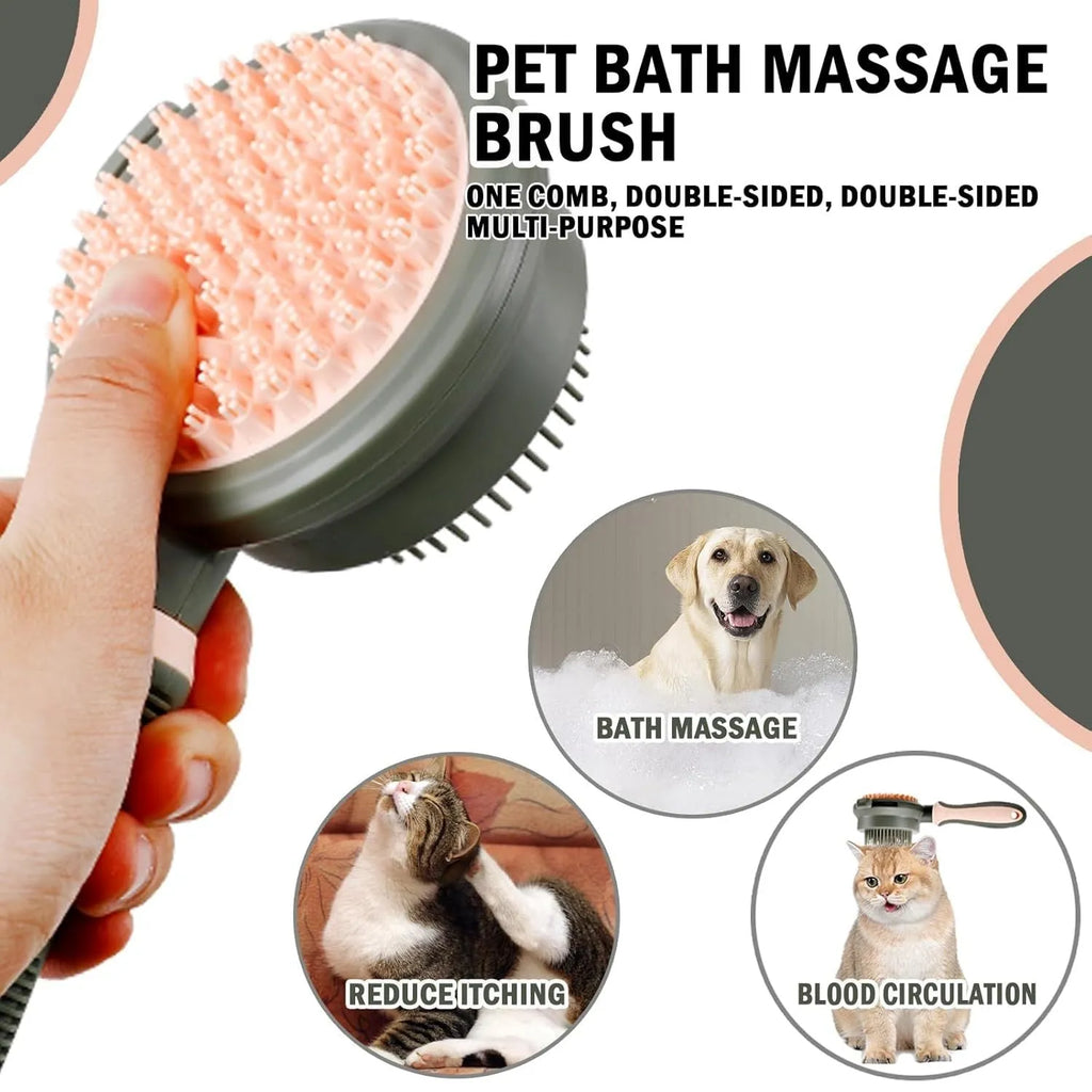 Double sided pink cat brush with release button and flea comb for pet grooming
