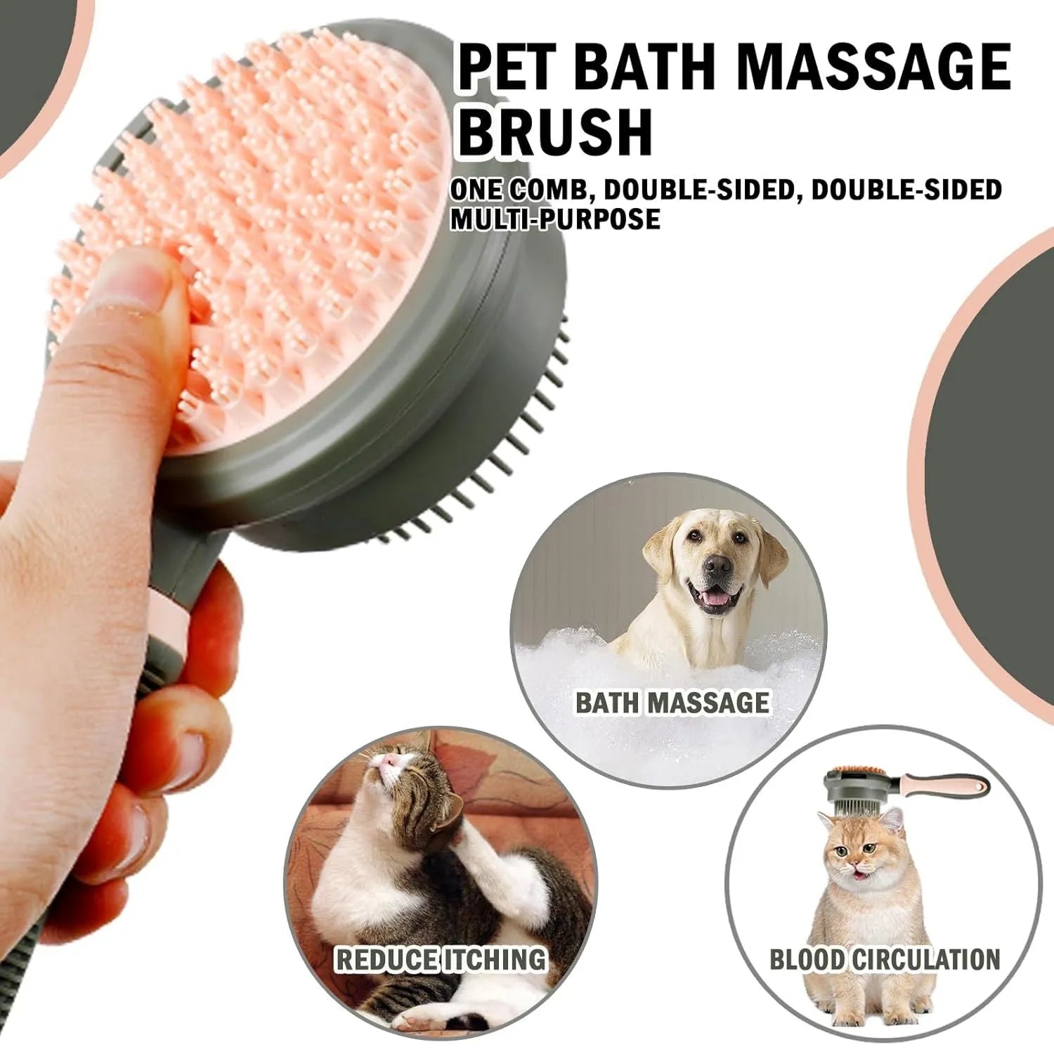 Double sided pink cat brush with release button and flea comb for pet grooming