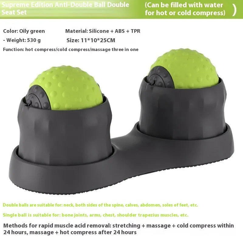 Massage ball set with hot cold therapy compress in green and mocha colours for muscle relaxation
