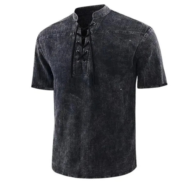 Men's retro short-sleeve shirt with tie collar lace-up detail in solid colour, loose fit, available in multiple colours and sizes.