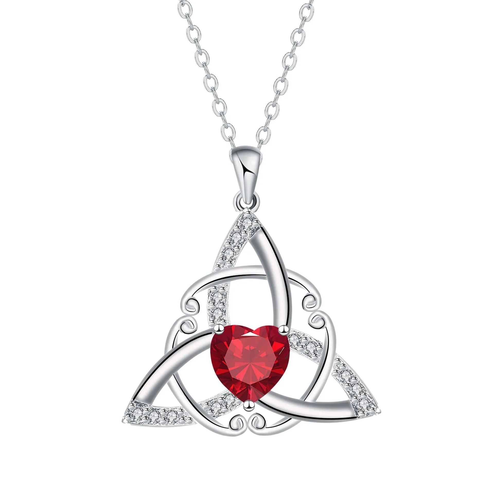 Geometric Celtic knot pendant necklace for women in a choice of blue, lvzuan, red diamond, or white diamond finish.