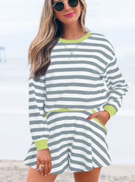 Women's black stripe cotton blouse and shorts set with ribbed banding detail.