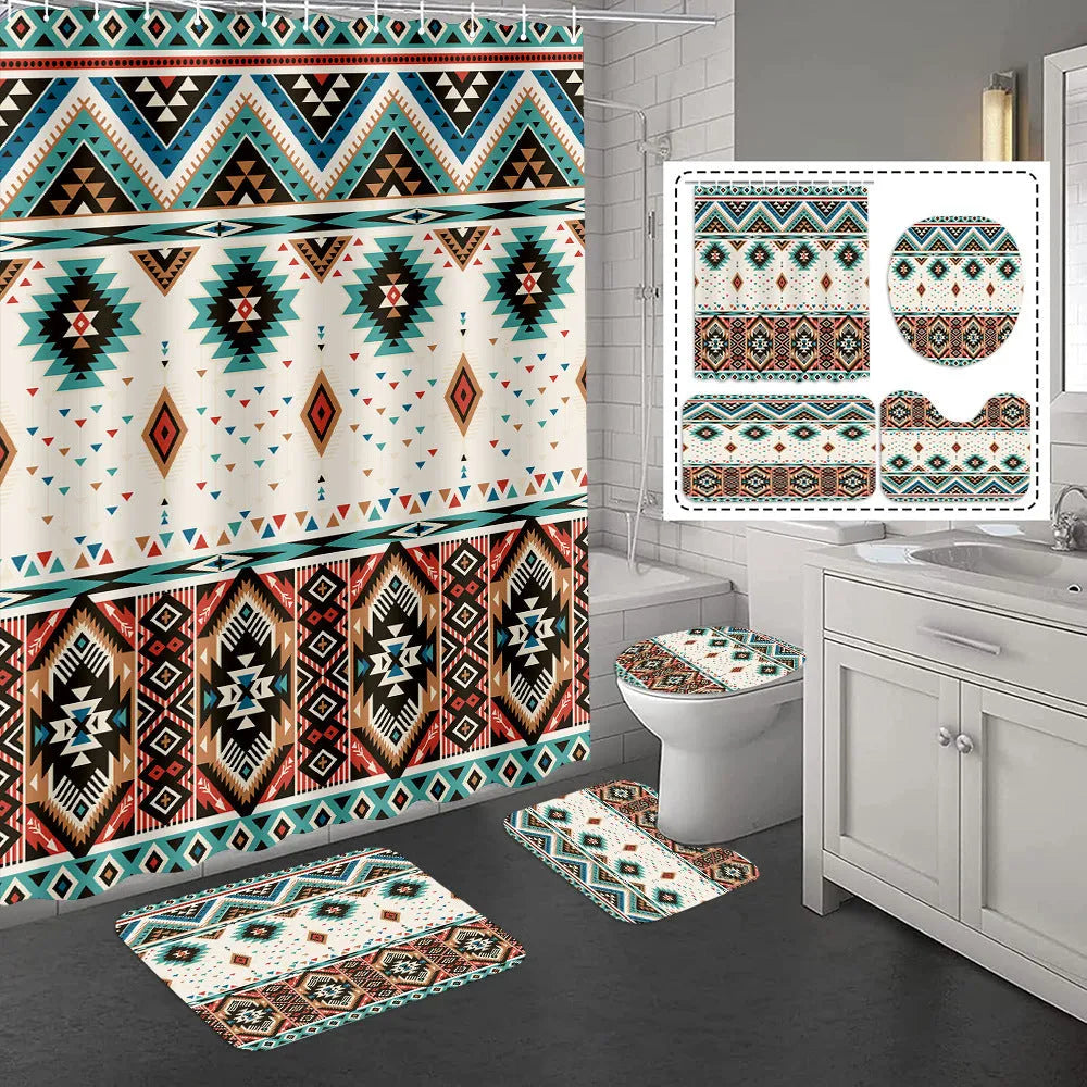Bomi printed polyester shower curtain and anti-slip floor mat set in modern simplicity style, multiple size options