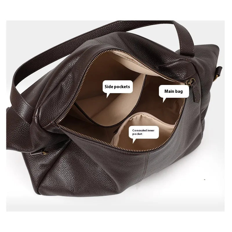 Brown genuine leather women's commuter shoulder bag with horizontal square shape and shoulder strap