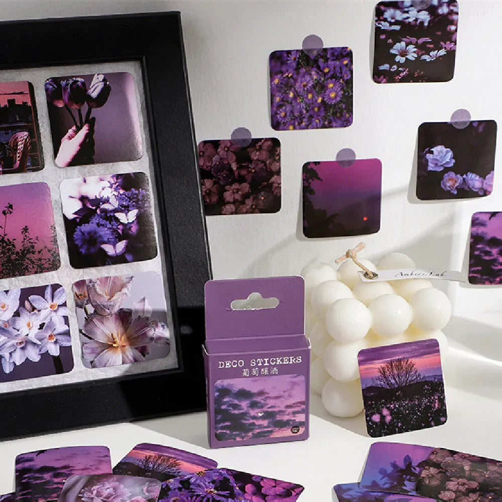 Box of Nordic style decorative stickers showing six colour themes with 44mm square sizing