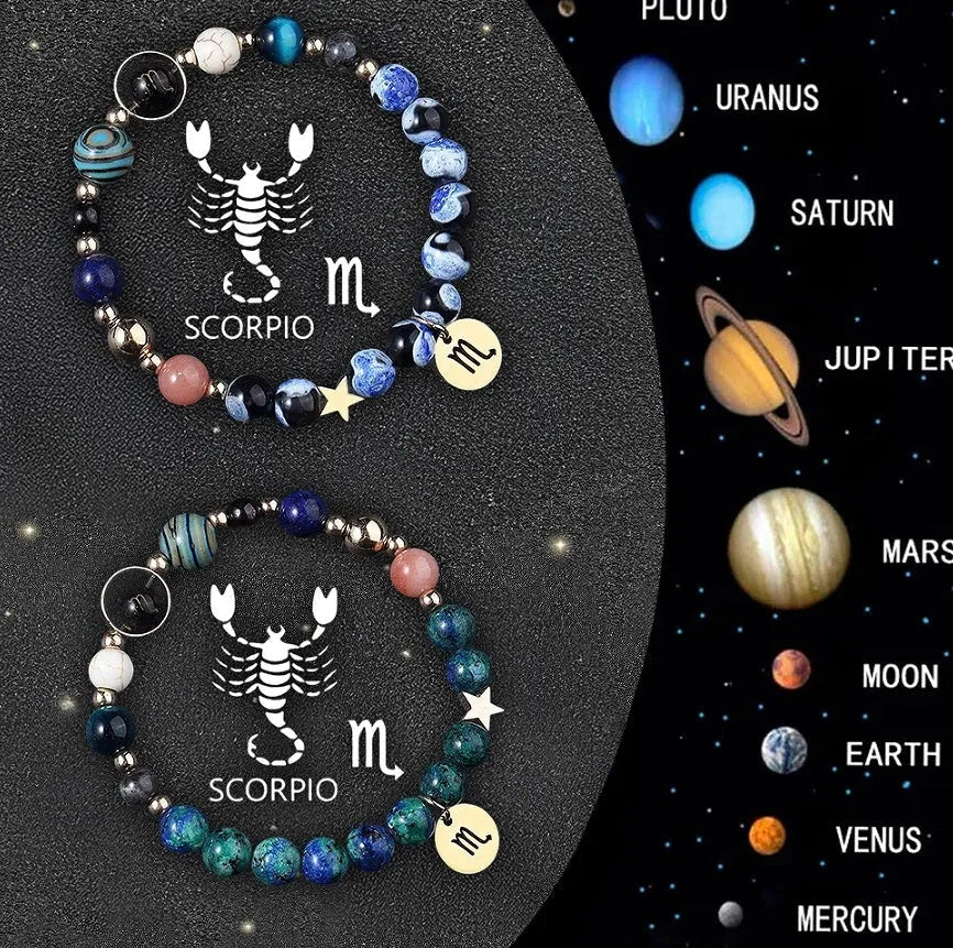 Twelve zodiac sign bracelets with natural stone beads on elastic string showing different astrological designs