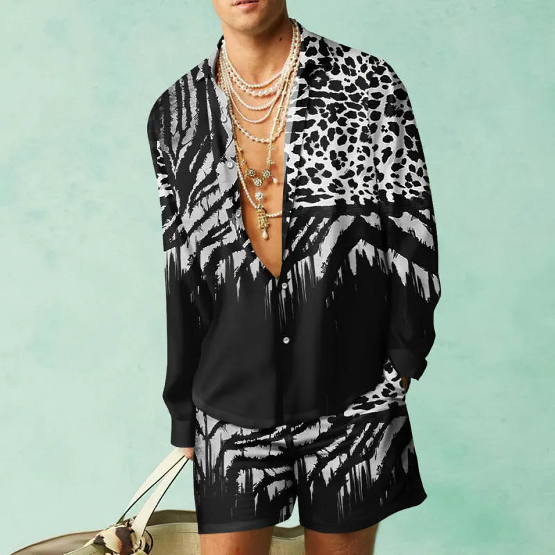 Mens casual summer outfit with long sleeve shirt and matching shorts in slim fit