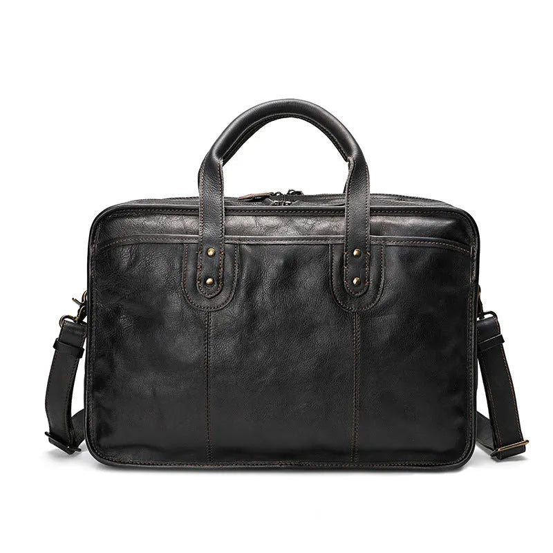 Men's vintage leather briefcase in horizontal square design with multiple internal compartments
