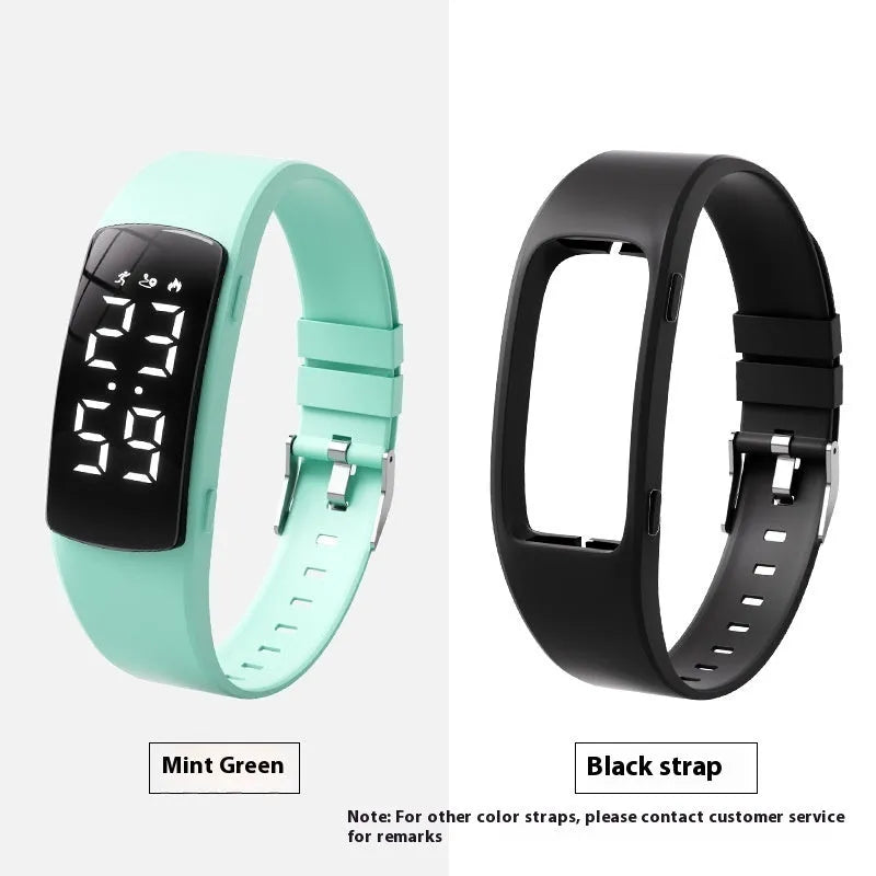 Vibration alarm waterproof electronic watch with coloured silicone strap and LED display.