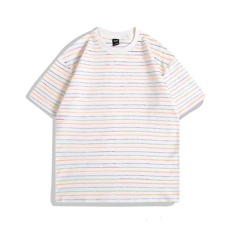 Colour striped loose fit cotton blend t-shirt with short sleeves and round neck collar in multiple colour options