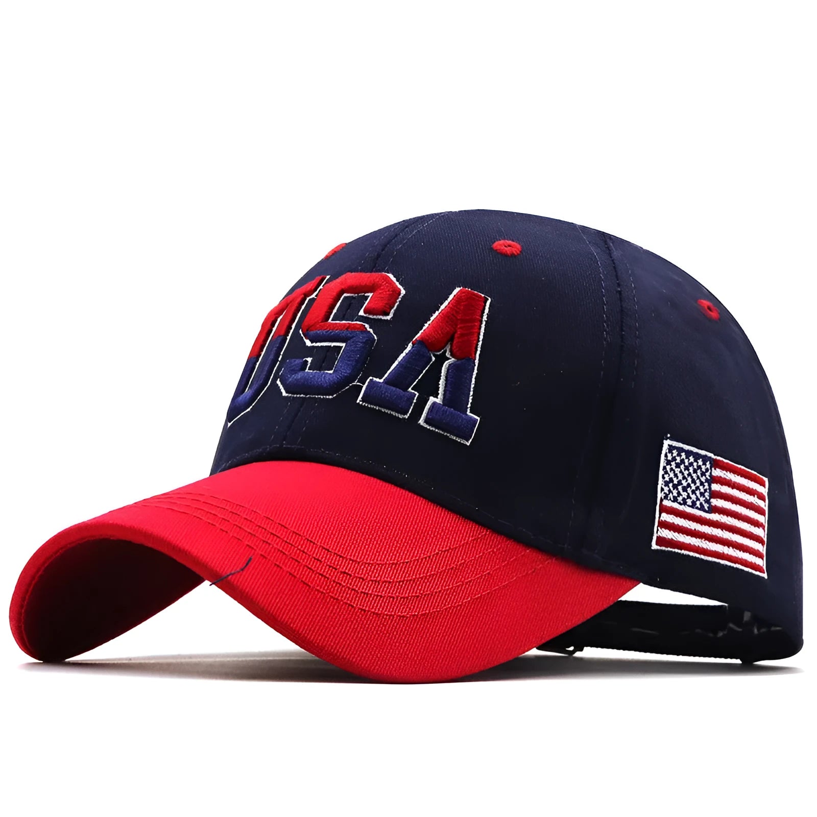 Cotton baseball cap with USA embroidery, adjustable fit, available in navy blue