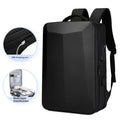 Waterproof black business backpack with curved shoulder straps showing ABS PC Oxford cloth construction