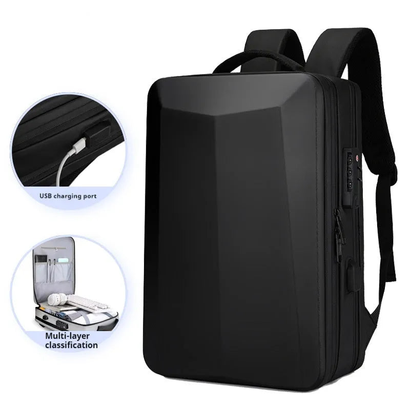 Waterproof black business backpack with curved shoulder straps showing ABS PC Oxford cloth construction