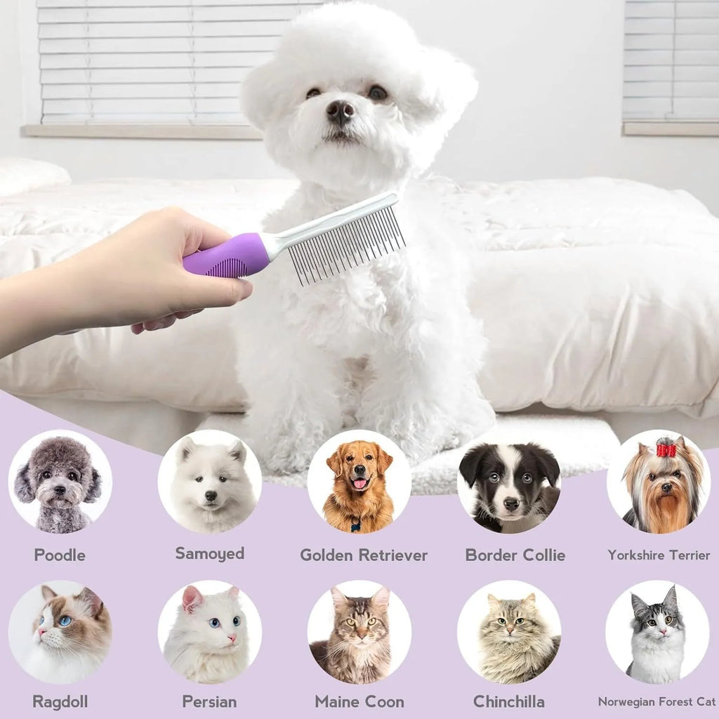 Purple pet grooming comb with stainless steel teeth for detangling dog and cat hair