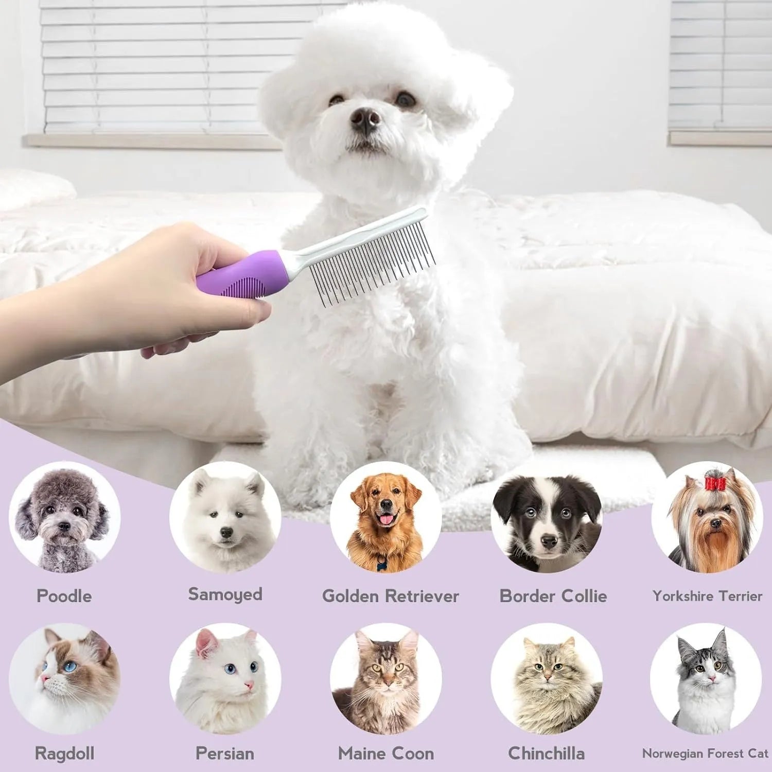 Purple pet grooming comb with stainless steel teeth for detangling dog and cat hair