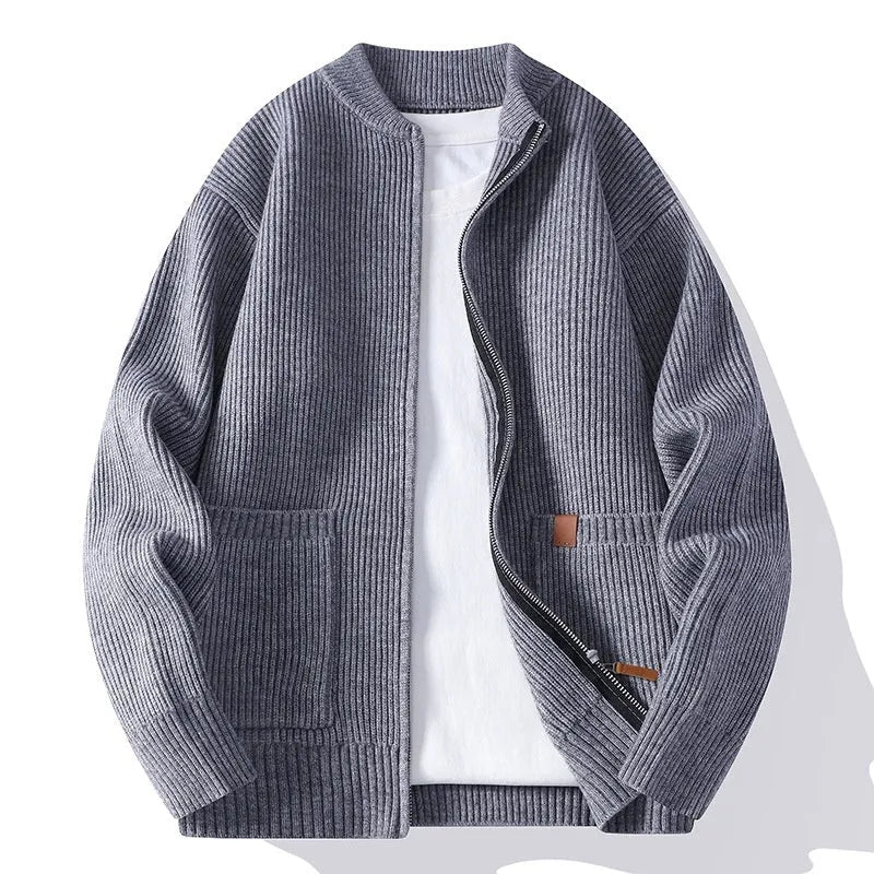 Men's striped sweater cardigan jacket in chemical fibre blend with zip-up front