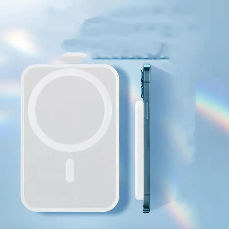 White magnetic wireless charger power bank with creative design showing dimensions 100x65mm