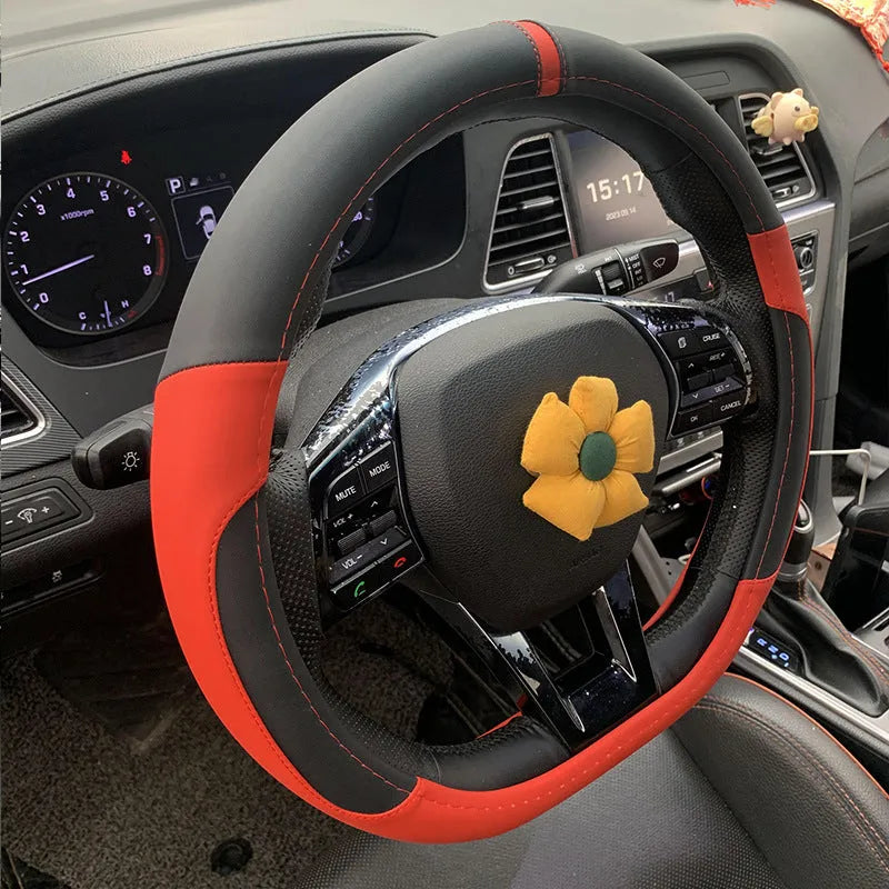 Four Seasons Universal Leather Steering Wheel Cover 38cm diameter black round profile