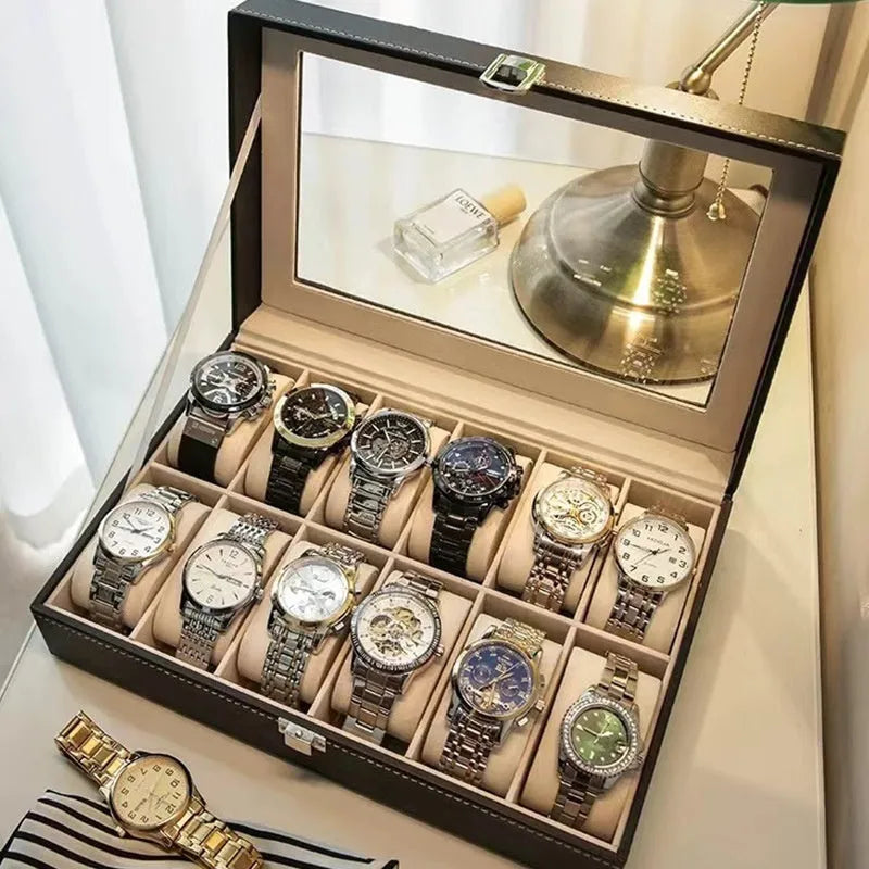 Grey high-grade leather watch storage box with see-through lid for dust protection.