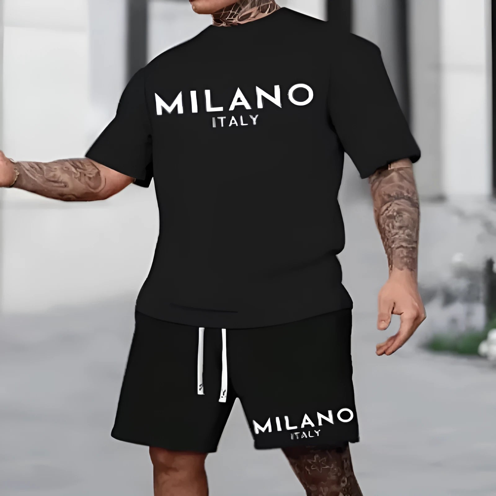 European style short sleeve suit set with round neck top and matching shorts in multiple colours