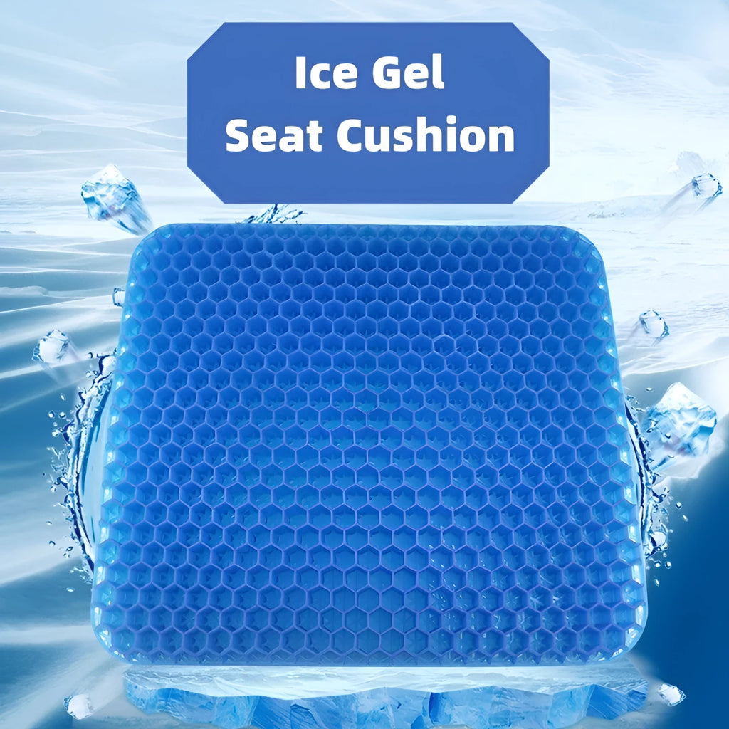 Square honeycomb-pattern gel seat cushion with a removable cover for pressure relief.