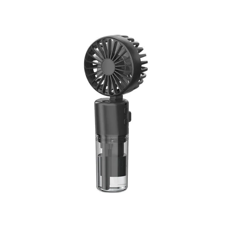 Portable handheld spray fan with transparent water tank and four-speed mist function in black colour